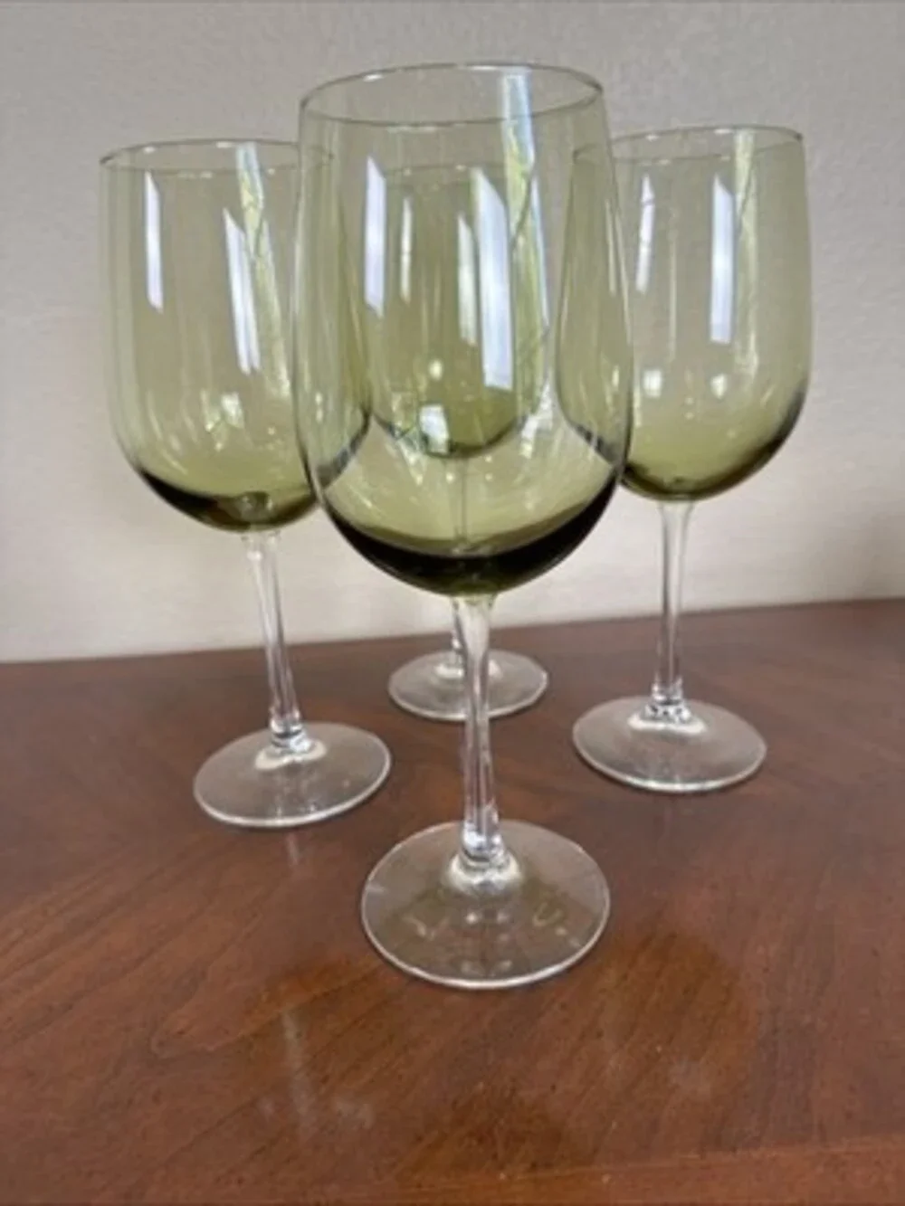 Pier 1 Hand Blown Pantiago Olive Green Avocado MCM Crystal Wine Glasses Set Of 4